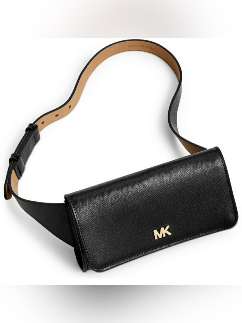 MICHAEL Michael Kors Black Leather Waist Belt Bag with Gold MK Logo